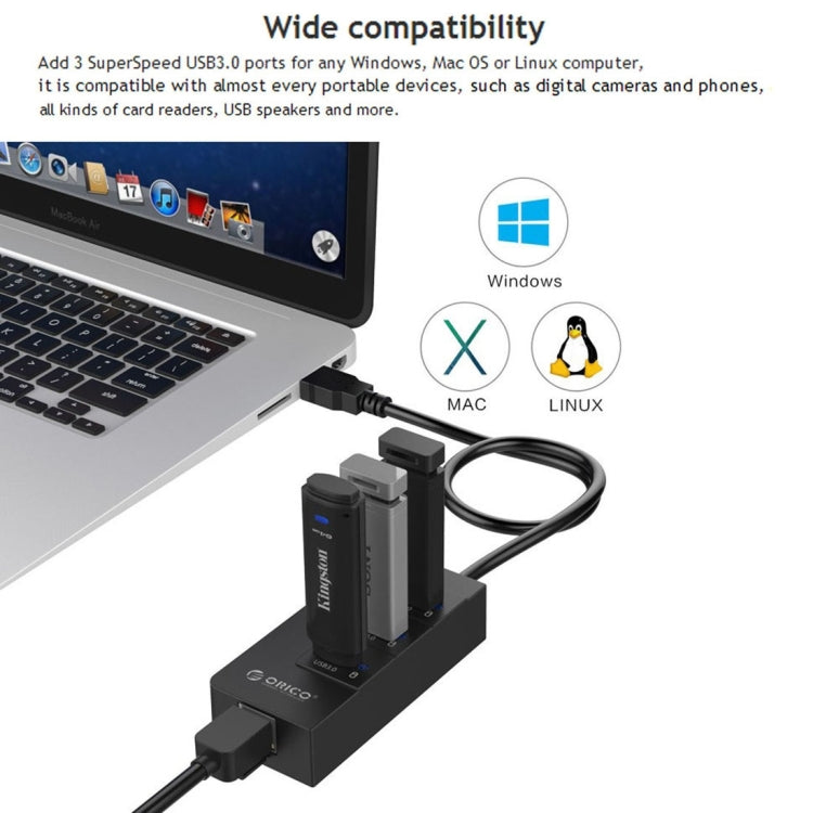 ORICO HR01-U3 ABS 3 Ports USB3.0 HUB Splitter with External RJ45 Gigabit Ethernet Network Card 5 Gbps for Laptops / Desktop / Ultrabook etc.(Black) - USB 3.0 HUB by ORICO | Online Shopping UK | buy2fix