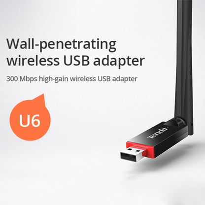 Tenda U6 Portable 300Mbps Wireless USB WiFi Adapter External Receiver Network Card with 6dBi External Antenna(Black) - USB Network Adapter by Tenda | Online Shopping UK | buy2fix