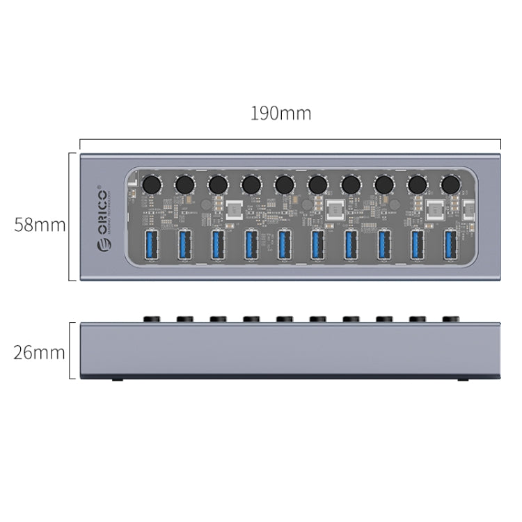 ORICO AT2U3-10AB-GY-BP 10 Ports USB 3.0 HUB with Individual Switches & Blue LED Indicator, EU Plug - USB 3.0 HUB by ORICO | Online Shopping UK | buy2fix