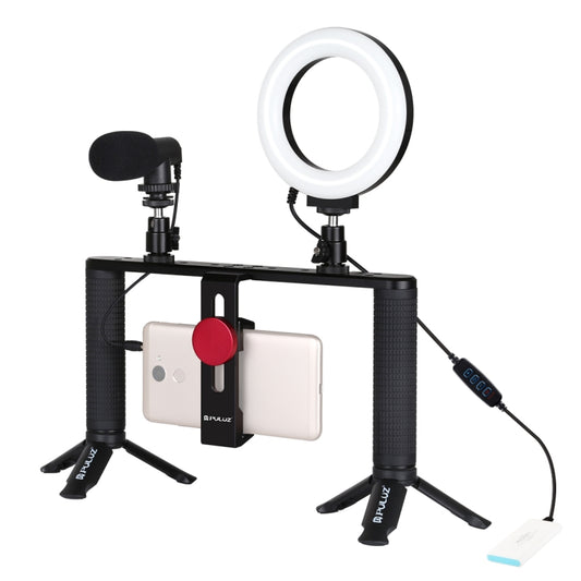 PULUZ 4 in 1 Vlogging Live Broadcast 4.7 inch 12cm Ring LED Selfie Light Smartphone Video Rig Handle Stabilizer Aluminum Bracket Kits with Microphone + Tripod Mount + Cold Shoe Tripod Head - Camera Accessories by PULUZ | Online Shopping UK | buy2fix