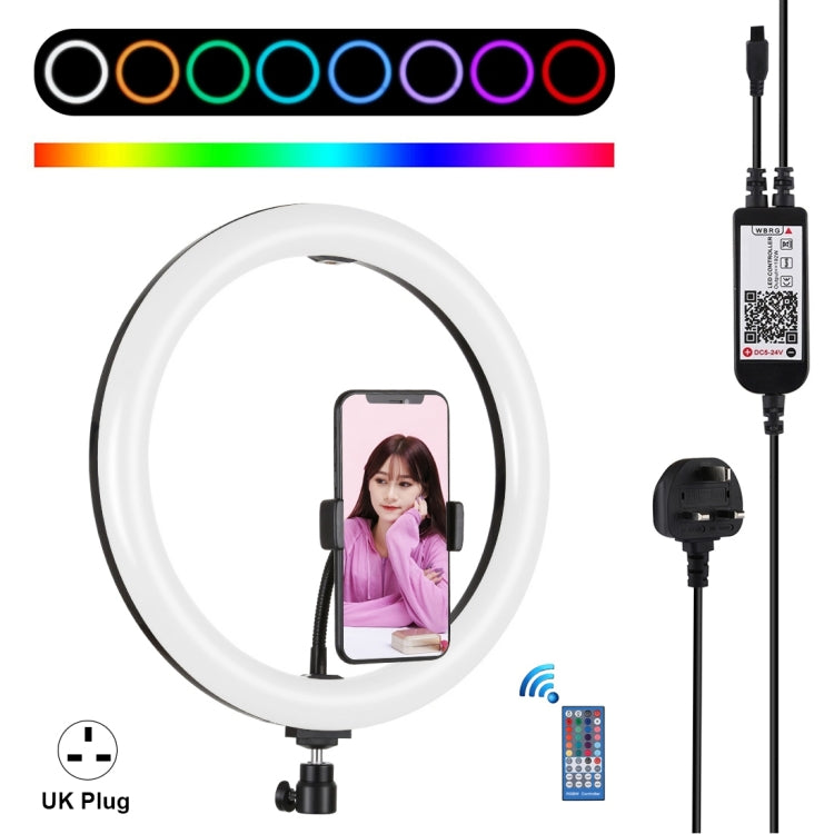 PULUZ 11.8 inch 30cm RGB Dimmable LED Ring Vlogging Selfie Photography Video Lights with Cold Shoe Tripod Ball Head & Phone Clamp (Black)(UK Plug) - Ring Light by PULUZ | Online Shopping UK | buy2fix