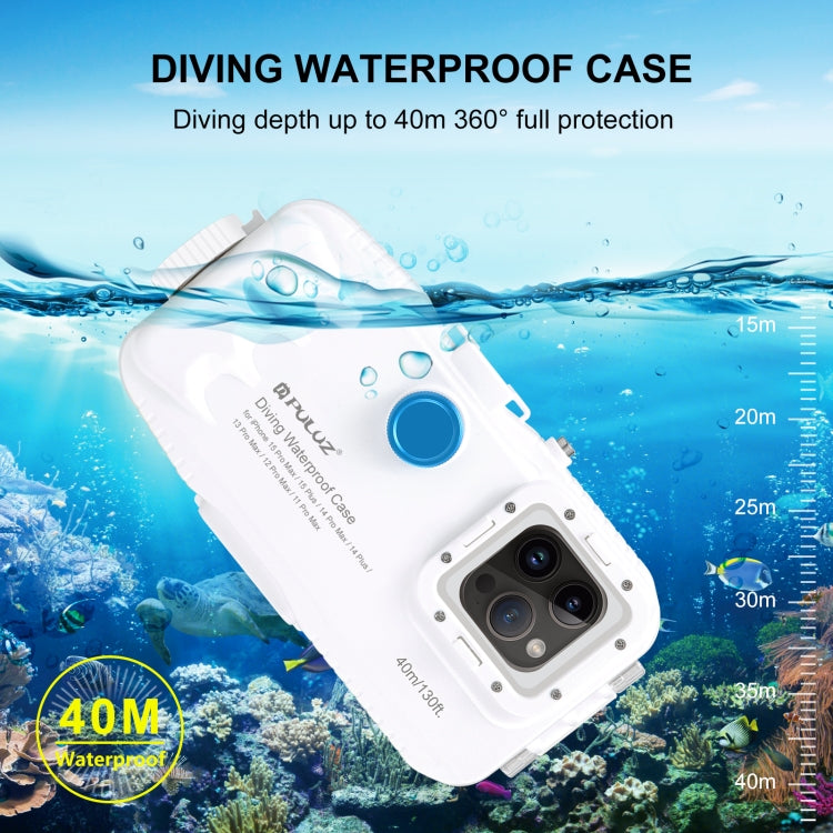 PULUZ 40m/130ft Waterproof Diving Case for iPhone 15 Pro Max / 15 Plus / 14 Plus / 14 Pro Max / 13 Pro Max / 12 Pro Max / 11 Pro Max, with One-way Valve Photo Video Taking Underwater Housing Cover(White) - iPhone 15 Pro Max Cases by PULUZ | Online Shopping UK | buy2fix