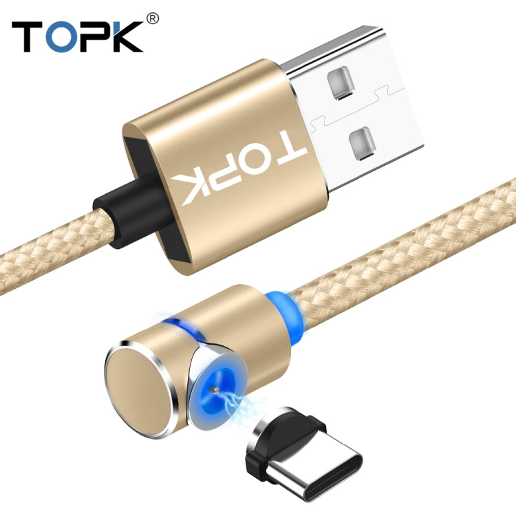 TOPK 1m 2.4A Max USB to USB-C / Type-C 90 Degree Elbow Magnetic Charging Cable with LED Indicator(Gold) - Mobile Accessories by TOPK | Online Shopping UK | buy2fix