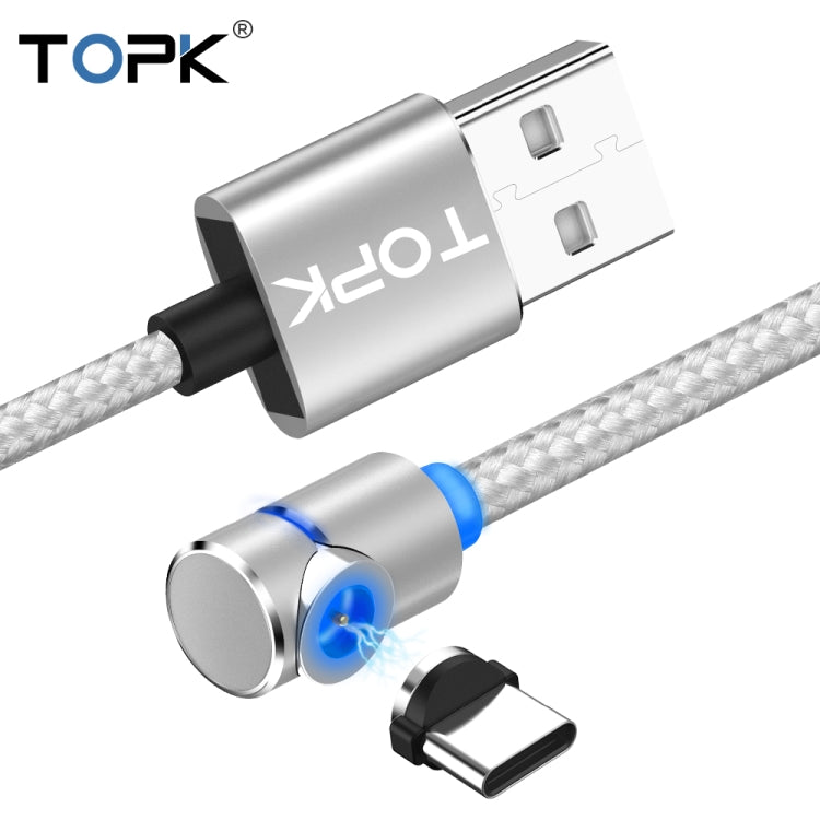 TOPK 1m 2.4A Max USB to USB-C / Type-C 90 Degree Elbow Magnetic Charging Cable with LED Indicator(Silver) - Mobile Accessories by TOPK | Online Shopping UK | buy2fix