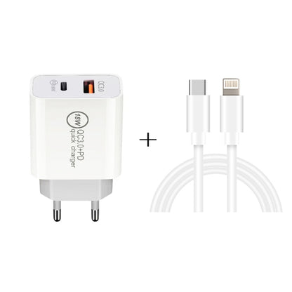 SDC-18W 18W PD 3.0 Type-C / USB-C + QC 3.0 USB Dual Fast Charging Universal Travel Charger with Type-C / USB-C to 8 Pin Fast Charging Data Cable, EU PLUG - Apple Accessories by buy2fix | Online Shopping UK | buy2fix