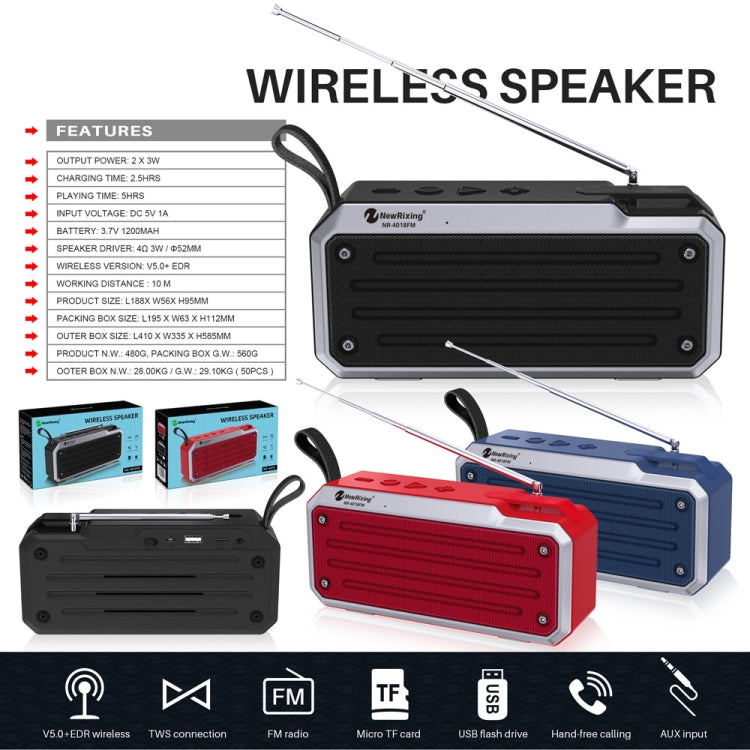NewRixing NR4018FM TWS Portable Stereo Bluetooth Speaker, Support TF Card / FM / 3.5mm AUX / U Disk / Hands-free Call(Red) - Mini Speaker by New Rixing | Online Shopping UK | buy2fix