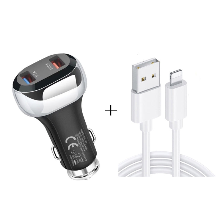 YSY-312 2 in 1 18W Portable QC3.0 Dual USB Car Charger + 1m 3A USB to 8 Pin Data Cable Set(Black) - Car Charger by buy2fix | Online Shopping UK | buy2fix
