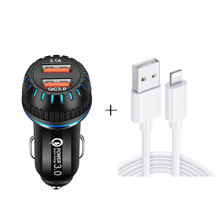 YSY-349 QC3.0 Dual Port USB Car Charger + 3A USB to 8 Pin Data Cable, Length: 1m(Black) - In Car by buy2fix | Online Shopping UK | buy2fix