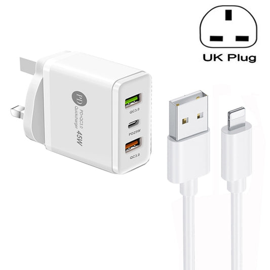 45W PD25W + 2 x QC3.0 USB Multi Port Charger with USB to 8 Pin Cable, UK Plug(White) - Apple Accessories by buy2fix | Online Shopping UK | buy2fix