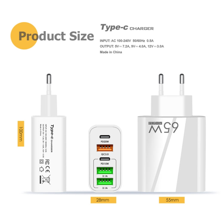 65W Dual PD Type-C + 3 x USB Multi Port Charger with 3A Type-C to 8 Pin Data Cable, US Plug(White) - Apple Accessories by buy2fix | Online Shopping UK | buy2fix