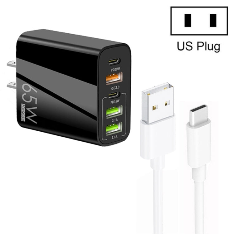 65W Dual PD Type-C + 3 x USB Multi Port Charger with 3A USB to Type-C Data Cable, US Plug(Black) - Mobile Accessories by buy2fix | Online Shopping UK | buy2fix