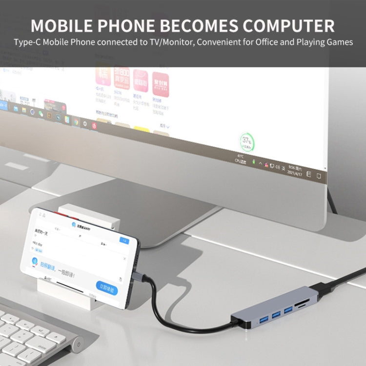 JUNSUNMAY 6 in 1 Type-C to 4K HDMI Docking Station Adapter USB-C Hub SD/TF Card Reader - USB HUB by JUNSUNMAY | Online Shopping UK | buy2fix