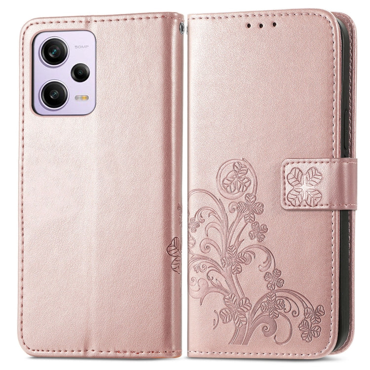 For Xiaomi Redmi Note 12 5G Global Four-leaf Clasp Embossed Buckle Leather Phone Case(Rose Gold) - Note 12 Cases by buy2fix | Online Shopping UK | buy2fix