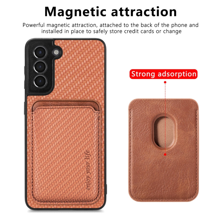 For Samsung Galaxy S21+ 5G Carbon Fiber Leather Card Magsafe Magnetic Phone Case(Brown) - Galaxy S21+ 5G Cases by buy2fix | Online Shopping UK | buy2fix