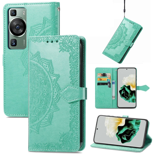 For Huawei P60 Mandala Flower Embossed Leather Phone Case(Green) - Huawei Cases by buy2fix | Online Shopping UK | buy2fix