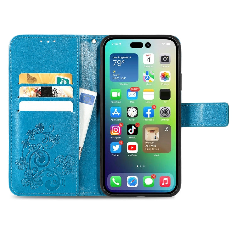 For iPhone 15 Four-leaf Clasp Embossed Buckle Leather Phone Case(Blue) - iPhone 15 Cases by buy2fix | Online Shopping UK | buy2fix