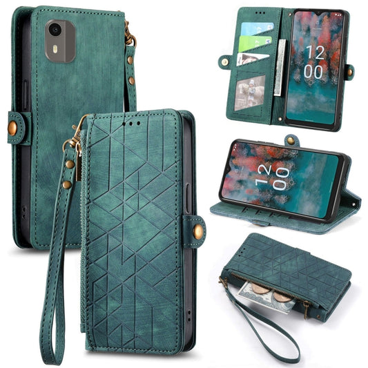 For Nokia C12 Geometric Zipper Wallet Side Buckle Leather Phone Case(Green) - Nokia Cases by buy2fix | Online Shopping UK | buy2fix