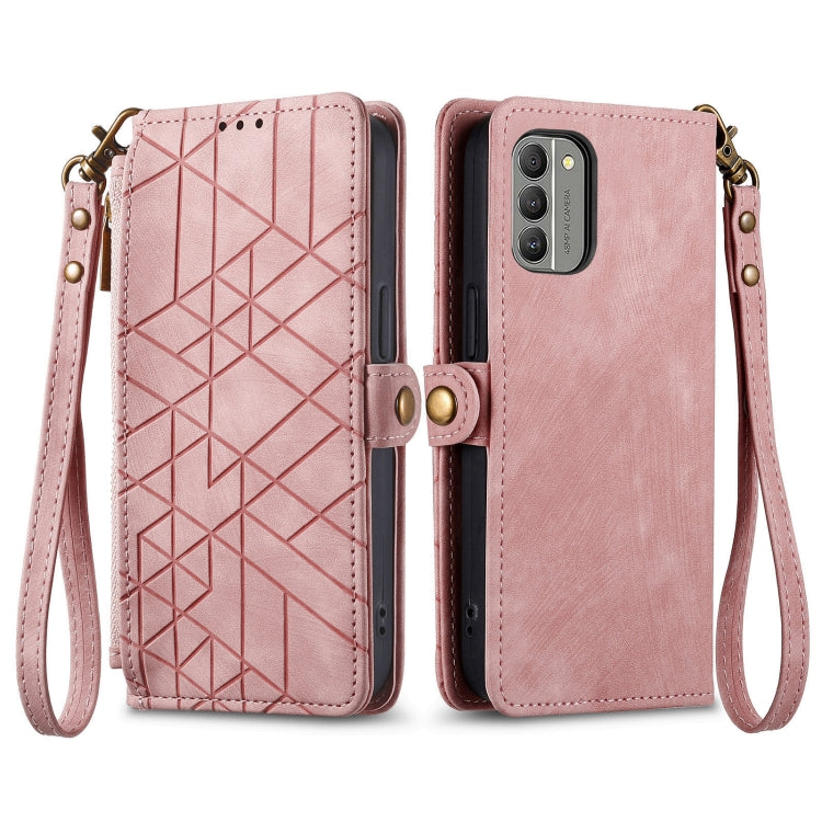 For Nokia G22 Geometric Zipper Wallet Side Buckle Leather Phone Case(Pink) - Nokia Cases by buy2fix | Online Shopping UK | buy2fix