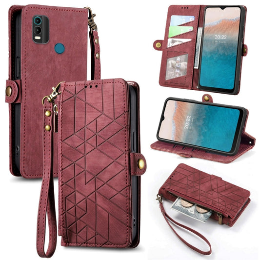 For Nokia C21 Plus Geometric Zipper Wallet Side Buckle Leather Phone Case(Red) - Nokia Cases by buy2fix | Online Shopping UK | buy2fix