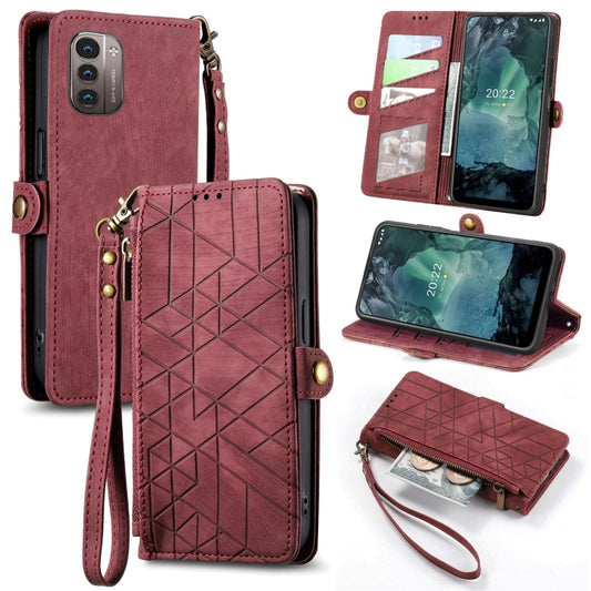 For Nokia G11/G21 Geometric Zipper Wallet Side Buckle Leather Phone Case(Red) - Nokia Cases by buy2fix | Online Shopping UK | buy2fix