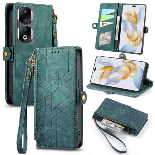 For Honor 90 Pro Geometric Zipper Wallet Side Buckle Leather Phone Case(Green) - Honor Cases by buy2fix | Online Shopping UK | buy2fix