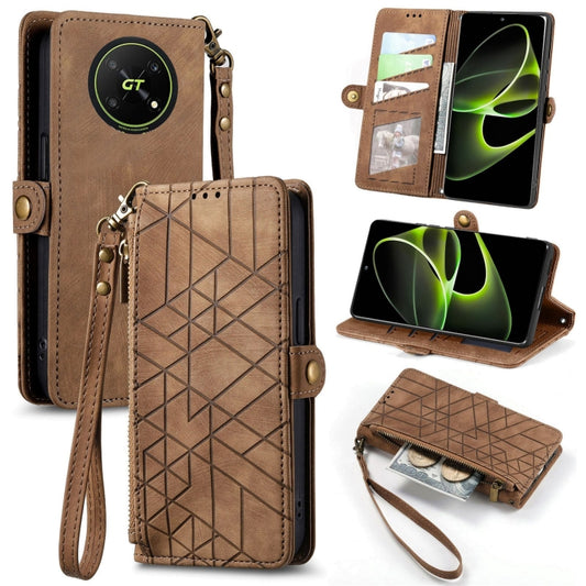 For Honor X40 GT Geometric Zipper Wallet Side Buckle Leather Phone Case(Brown) - Honor Cases by buy2fix | Online Shopping UK | buy2fix