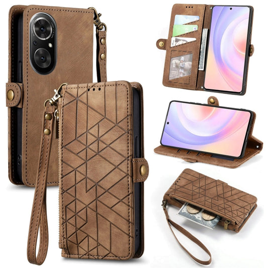 For Honor 50 SE Geometric Zipper Wallet Side Buckle Leather Phone Case(Brown) - Honor Cases by buy2fix | Online Shopping UK | buy2fix