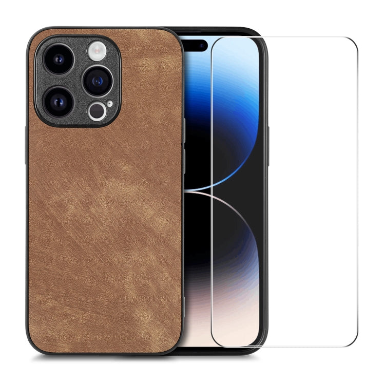 For iPhone 14 Pro ENKAY Retro Leather Skin PC Phone Case with High Aluminum-silicon Glass Film(Brown) - iPhone 14 Pro Cases by ENKAY | Online Shopping UK | buy2fix