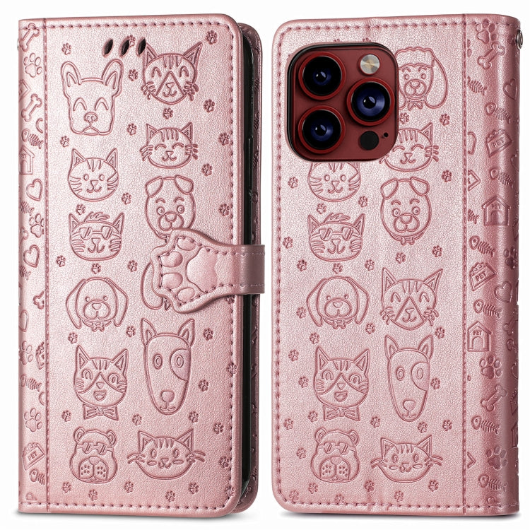 For iPhone 15 Pro Max Cat and Dog Embossed Leather Phone Case(Rose Gold) - iPhone 15 Pro Max Cases by buy2fix | Online Shopping UK | buy2fix