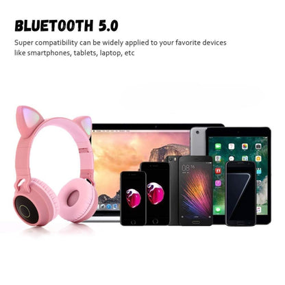 BT028C Cute Cat Ear Bluetooth 5.0 Headphones Foldable On-Ear Stereo Wireless Headset Headphone with Mic / LED Light / FM Radio / TF Card(Pink) - Headset & Headphone by buy2fix | Online Shopping UK | buy2fix