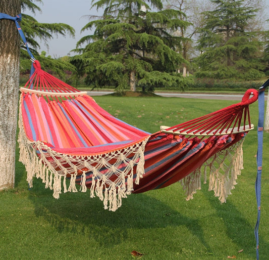 200x150cm Double Outdoor Camping Tassel Canvas Hammock with Stick(Pink Stripes) - Outdoor & Sports by buy2fix | Online Shopping UK | buy2fix