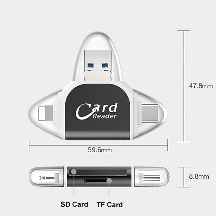 R015 USB2.0 & Micro USB+8Pin+Type-C 4 In 1 Card Reader Supports SD/TF Card(Black) -  by buy2fix | Online Shopping UK | buy2fix