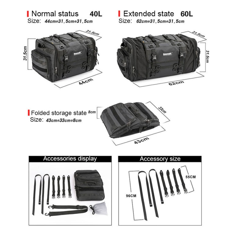 Rhinowalk MT4060 Large-capacity Foldable Expandable Tail Bag for Motorcycle Riding with Rain Cover(Black) - Bags & Luggages by Rhinowalk | Online Shopping UK | buy2fix