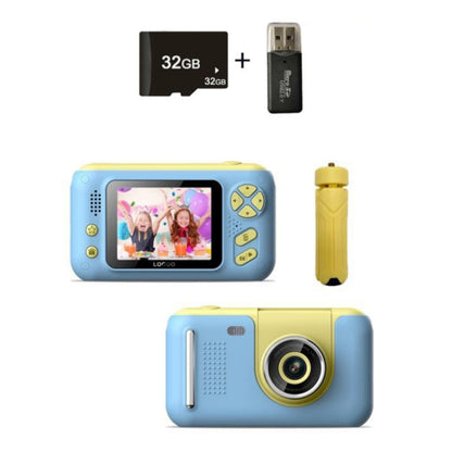 2.4 Inch Children HD Reversible Photo SLR Camera, Color: Yellow Blue + 32G Memory Card + Card Reader - Consumer Electronics by buy2fix | Online Shopping UK | buy2fix