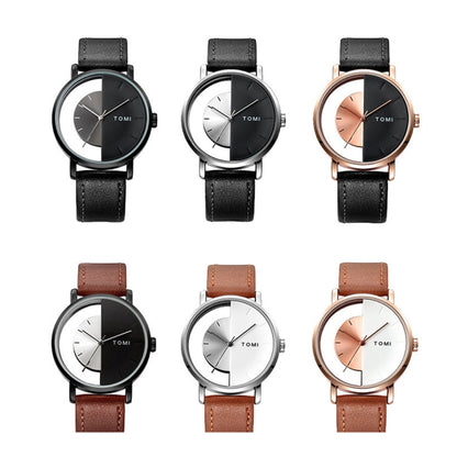 TOMI T080 Hollow Design Half See-through Unisex Quartz Watch(Black Brown Face Black Strap) - Leather Strap Watches by buy2fix | Online Shopping UK | buy2fix