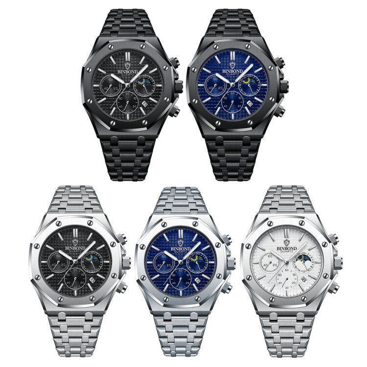 BINBOND B0161 Multifunctional Luminous Waterproof Business Quartz Watch, Color: Black Steel-Blue - Metal Strap Watches by BINBOND | Online Shopping UK | buy2fix