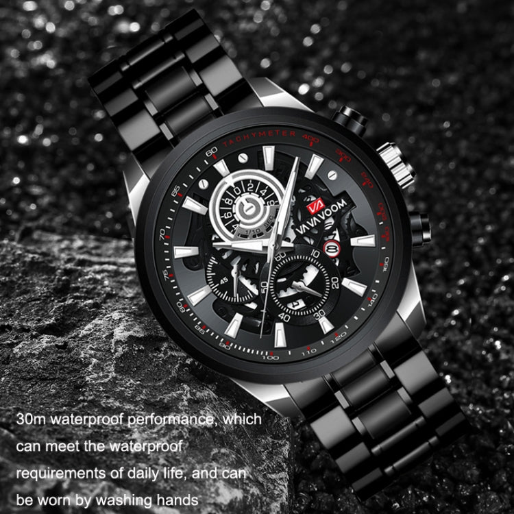 VAVA VOOM 2311P-YH Silver Shell Black Belt Men Waterproof Sports Luminous Calendar Casual Quartz Hollow Watch - Sport Watches by VAVA VOOM | Online Shopping UK | buy2fix