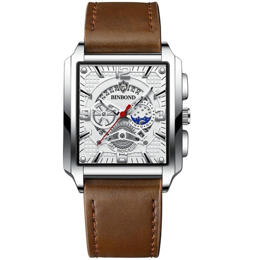 BINBOND B6575 Men Vintage Square Multifunctional Luminous Quartz Watch, Color: Brown Leather-White-White - Metal Strap Watches by BINBOND | Online Shopping UK | buy2fix