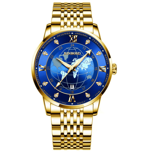 BINBOND B1117 30M Waterproof Earth Dial Butterfly Buckle Luminous Quartz Watch(Full-gold-Blue-Gold) - Metal Strap Watches by BINBOND | Online Shopping UK | buy2fix