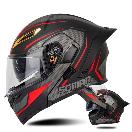 SOMAN Motorcycle Dual Lens Riding Peel-Off Full Coverage Helmet, Size: S(Black Red Track) - Helmets by SOMAN | Online Shopping UK | buy2fix