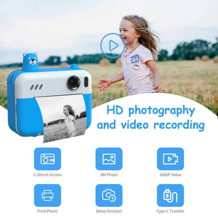 IPS 2.36 inch LED HD Display 1080P Childrens Camera Thermal Printing Instant Camera(Sky Blue) - Children Cameras by buy2fix | Online Shopping UK | buy2fix