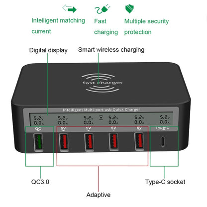 818F 5 USB Ports + Type-C Multifunctional Multi-Port Wireless Charger, Style: EU Plug (Black) - Multifunction Charger by buy2fix | Online Shopping UK | buy2fix