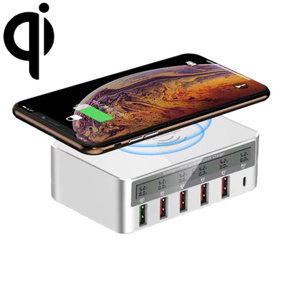 818PF 5 USB Ports + Type-C Smart Digital Display Wireless Phone Charger, Style: UK Plug (White) - Multifunction Charger by buy2fix | Online Shopping UK | buy2fix