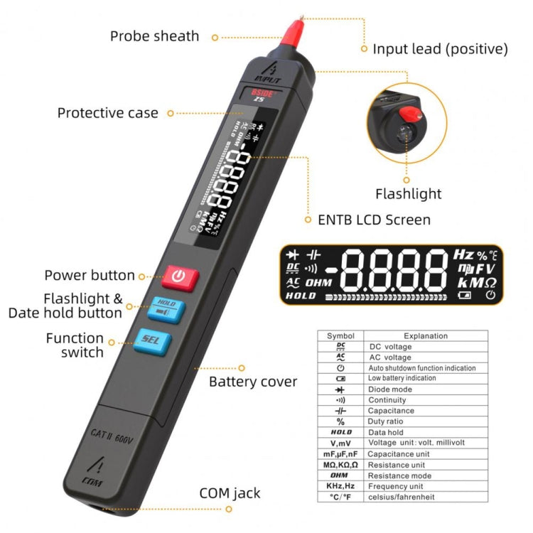 BSIDE Z5 Smart Pen Multimeter Backlight LCD 6000 Counts Auto Voltage Detector - Digital Multimeter by BSIDE | Online Shopping UK | buy2fix