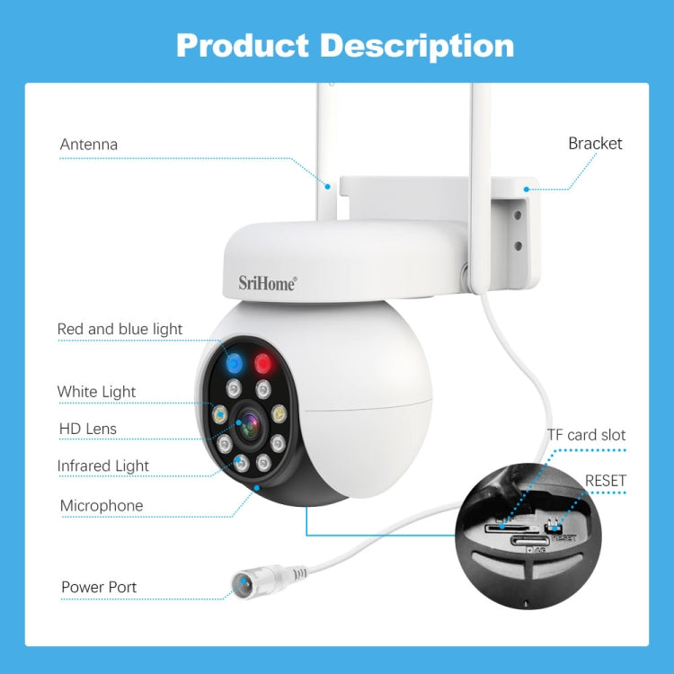 SriHome SH052B Wifi 5MP Wireless PTZ IP AI Auto Tracking Sound&Light Alarm Starlight Color Night Vision Outdoors Surveillance Camera, Plug: UK - Dome Camera by SriHome | Online Shopping UK | buy2fix