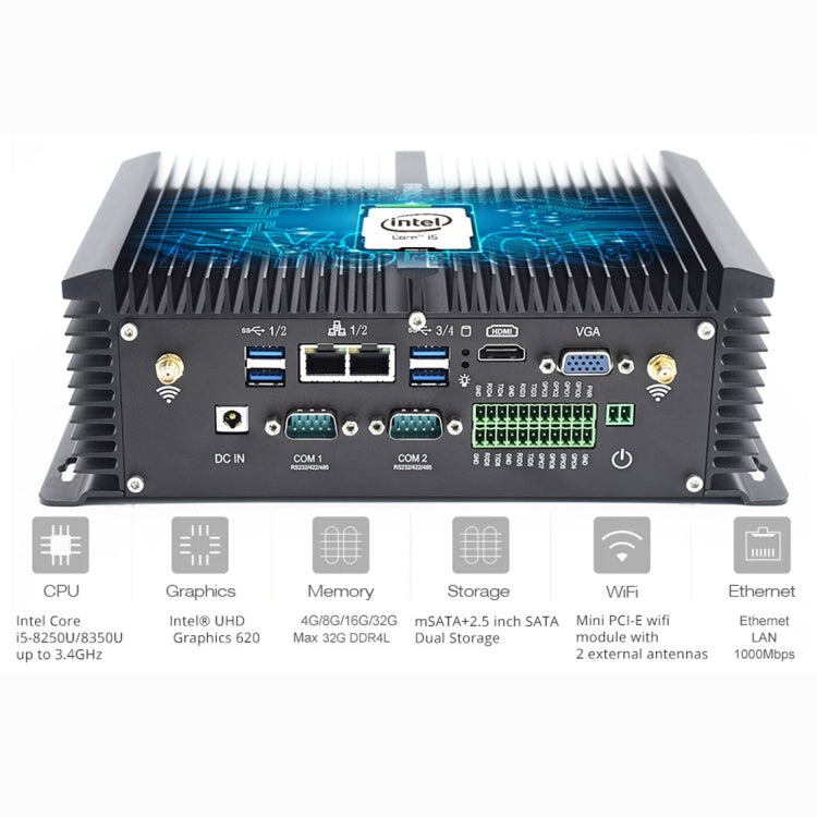 HYSTOU P12-I5-8250U Fanless Mini PC Intel Core i5-8250U Processor Quad Core up to 1.6GHz, RAM: 8G, ROM: 256G, Support Win 7 / 8 / 10 / Linux(Black) - Barebone Mini PCs by HYSTOU | Online Shopping UK | buy2fix